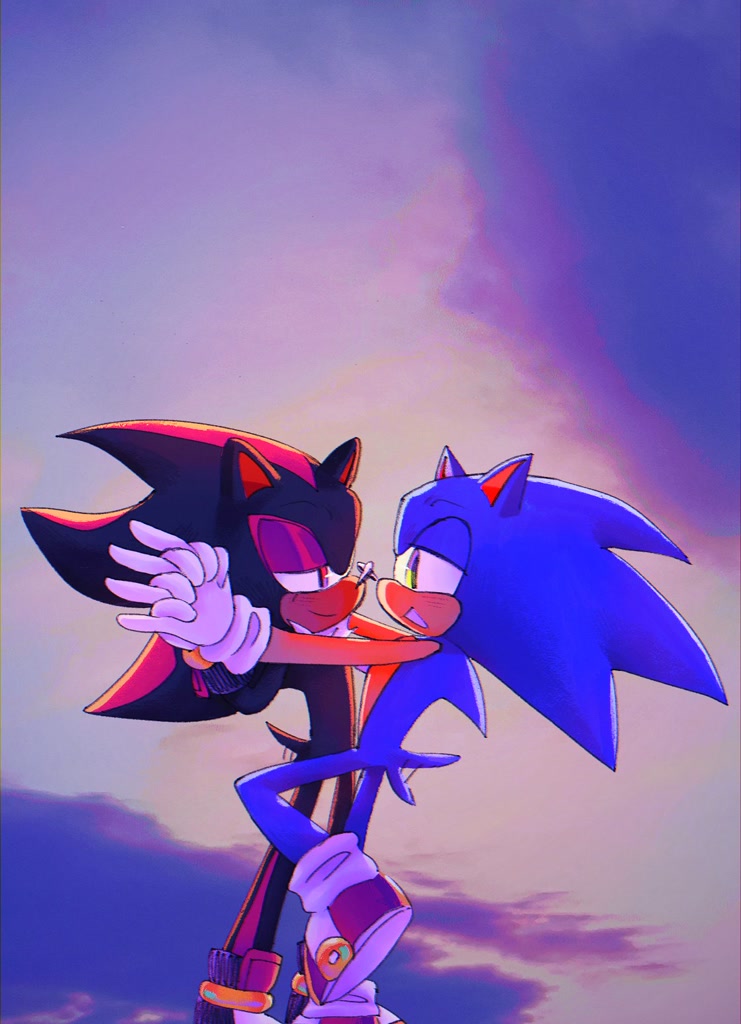 9421 - safe, artist:onlyastraa, shadow the hedgehog, sonic the hedgehog,  abstract background, blushing, blushing ears, duo, duo male, eyes closed,  frown, gay, heart, holding hands, holding them, kiss, licking lips, lidded  eyes