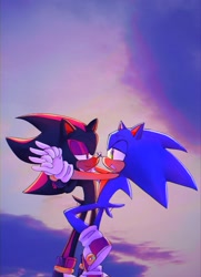 Size: 1119x1546 | Tagged: safe, artist:dreamyyartist, shadow the hedgehog, sonic the hedgehog, hedgehog, 2023, abstract background, blushing, dancing, duo, gay, holding hands, lidded eyes, looking at each other, male, males only, outdoors, shadow x sonic, shipping, smile, wagging tail