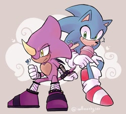 Size: 1579x1427 | Tagged: safe, artist:callmeshy350, espio the chameleon, sonic the hedgehog, hedgehog, lizard, 2023, abstract background, blushing, chameleon, crush, drink, drinking, duo, gay, holding something, lidded eyes, looking at them, male, males only, question mark, shipping, sitting, sonespio, sweatdrop