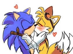 Size: 540x400 | Tagged: artist needed, source needed, safe, miles "tails" prower, sonic the hedgehog, fox, hedgehog, blushing, duo, eyes closed, gay, heart, holding each other, kiss, male, males only, shipping, simple background, sketch, sonic boom (tv), sonic x tails, standing, white background