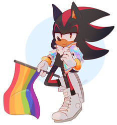 Size: 1280x1375 | Tagged: source needed, safe, artist:scuttletown, shadow the hedgehog, hedgehog, abstract background, flag, gay pride, jacket, looking at viewer, male, pride, pride flag, smile, solo, standing