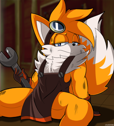 Size: 2480x2740 | Tagged: safe, artist:lordfink, miles "tails" prower, fox, 2023, abstract background, adult, aged up, annoyed, frown, goggles, goggles on head, holding something, lidded eyes, looking at viewer, male, older, sitting, solo, spread legs, wrench