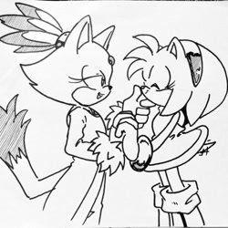 Size: 1024x1024 | Tagged: safe, artist:smsskullleader, amy rose, blaze the cat, cat, hedgehog, 2021, amy x blaze, amy's halterneck dress, blaze's tailcoat, cute, eyes closed, female, females only, hand on cheek, holding hands, lesbian, shipping, sketch, smile, traditional media