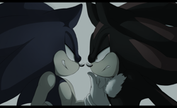 Size: 1241x753 | Tagged: safe, artist:un-genesis, shadow the hedgehog, sonic the hedgehog, hedgehog, 2014, border, clenched teeth, duo, frown, gay, grey background, hand on another's face, lidded eyes, looking at each other, male, males only, shadow x sonic, shipping, simple background, smile, standing
