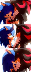 Size: 1308x3000 | Tagged: safe, artist:darkcrowl, shadow the hedgehog, sonic the hedgehog, hedgehog, 2016, blushing, blushing ears, duo, gay, holding each other, hugging, kiss, looking at each other, male, males only, panels, shadow x sonic, shipping, simple background, smile, white background