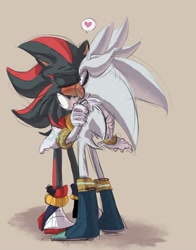 Size: 1328x1695 | Tagged: safe, artist:silvykinesis, shadow the hedgehog, silver the hedgehog, hedgehog, 2021, beige background, blushing, duo, eyes closed, gay, hands on another's shoulders, heart, holding them, kiss, looking at them, male, males only, shadow (lighting), shadow x silver, shipping, shrunken pupils, simple background, sketch, speech bubble, standing, surprised