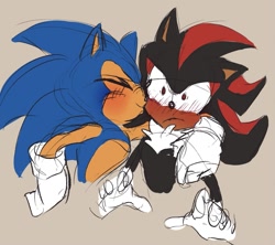 Size: 1109x987 | Tagged: safe, artist:silvykinesis, shadow the hedgehog, sonic the hedgehog, hedgehog, 2021, arm around shoulders, beige background, blushing, bust, duo, eyes closed, frown, gay, kiss on cheek, male, males only, shadow x sonic, shipping, shrunken pupils, simple background, sketch, smile, solo, standing, surprised