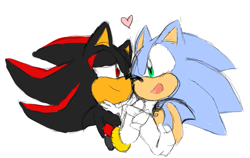 Size: 589x372 | Tagged: safe, artist:silvykinesis, shadow the hedgehog, sonic the hedgehog, hedgehog, 2013, cute, duo, gay, heart, holding hands, lidded eyes, looking at each other, male, males only, mouth open, romantic, shadow x sonic, shipping, simple background, sketch, smile, white background