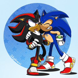 Size: 1400x1400 | Tagged: safe, artist:silvykinesis, shadow the hedgehog, sonic the hedgehog, hedgehog, 2022, abstract background, arm around shoulders, duo, eyes closed, gay, looking at them, male, males only, mouth open, one fang, shadow x sonic, shipping, signature, smile, standing, star (symbol), surprised, sweatdrop
