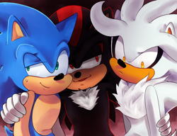 Size: 2808x2153 | Tagged: safe, artist:beadichnoa, shadow the hedgehog, silver the hedgehog, sonic the hedgehog, hedgehog, 2016, abstract background, arm around shoulders, frown, gay, group hug, holding another's arm, hugging, looking at them, looking at viewer, looking away, male, males only, polyamory, shadow x silver, shadow x sonic, shipping, smile, sonadilver, standing, sweatdrop, trio