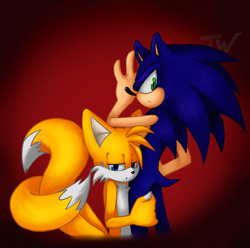 Size: 1660x1646 | Tagged: safe, artist:tanyawind, miles "tails" prower, sonic the hedgehog, fox, hedgehog, 2015, abstract background, frown, gay, gloves off, hand on another's leg, lidded eyes, looking at viewer, looking back at viewer, male, males only, romantic, shipping, solo, sonic x tails, standing