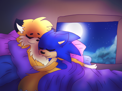 Size: 1600x1200 | Tagged: safe, artist:crazygreenfluff, sonic the hedgehog, fox, hedgehog, 2021, abstract background, adult, aged up, bed, colored ears, duo, ear fluff, eyes closed, gay, indoors, male, males only, moon, nighttime, older, shipping, smile, snuggling, sonic x tails, window