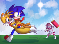Size: 1280x960 | Tagged: safe, artist:crazygreenfluff, amy rose, miles "tails" prower, sonic the hedgehog, fox, hedgehog, 2021, abstract background, adult, aged up, angry, annoyed, carrying them, clouds, colored ears, deviantart watermark, female, gay, looking at each other, male, older, outdoors, piko piko hammer, running, scarf, shipping, shipping denied, smile, sonic x tails, tongue out, trio