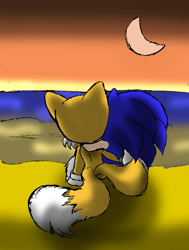 Size: 850x1122 | Tagged: safe, artist:arcticcryptid, miles "tails" prower, sonic the hedgehog, fox, hedgehog, 2009, abstract background, beach, date, duo, gay, holding each other, looking at something, male, males only, moon, ocean, shipping, sitting, sonic x tails, sunset