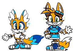 Size: 1105x752 | Tagged: safe, artist:pkrockinon, oc, fox, hybrid, 2022, :3, blue eyes, blue shoes, dress, duo, fankid, female, goggles, green eyes, hedgefox, magical gay spawn, male, orange fur, parent:sonic, parent:tails, parents:sontails, simple background, standing, white background