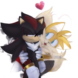Size: 1280x1280 | Tagged: safe, artist:ssssabotage, miles "tails" prower, shadow the hedgehog, fox, hedgehog, 2022, duo, frown, gay, heart, holding them, looking at them, looking away, male, males only, mouth open, shadails, shipping, simple background, white background