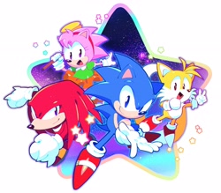 Size: 3554x3116 | Tagged: safe, artist:drawloverlala, amy rose, knuckles the echidna, miles "tails" prower, sonic the hedgehog, classic amy, classic knuckles, classic sonic, classic tails