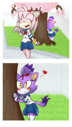Size: 400x700 | Tagged: safe, artist:feisty-evil-fangirl, amy rose, blaze the cat, cat, hedgehog, 2016, amy x blaze, blushing, cute, eyes closed, female, females only, heart, lesbian, looking at them, schoolgirl outfit, shipping