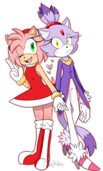 Size: 1024x1699 | Tagged: safe, artist:saucynadles, amy rose, blaze the cat, cat, hedgehog, 2015, amy x blaze, amy's halterneck dress, blaze's tailcoat, cute, female, females only, hearts, holding hands, lesbian, looking at viewer, shipping