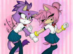 Size: 1024x749 | Tagged: safe, artist:jyllhedgehog367, amy rose, blaze the cat, cat, hedgehog, 2017, amy x blaze, blushing, cute, eyes closed, female, females only, holding hands, lesbian, schoolgirl outfit, shipping