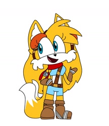 Size: 1280x1480 | Tagged: safe, artist:rosecandyart, miles "tails" prower, fox, 2023, clothes, female, flat colors, goggles, looking offscreen, simple background, smile, solo, sonic boom (tv), standing, trans female, transgender, white background