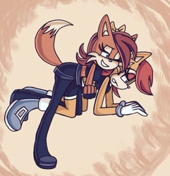 Size: 652x675 | Tagged: safe, artist:silverlover9, fiona fox, sally acorn, chipmunk, fox, 2015, all fours, clenched teeth, duo, female, females only, lesbian, pinning them, saliona, shipping, smile, wink