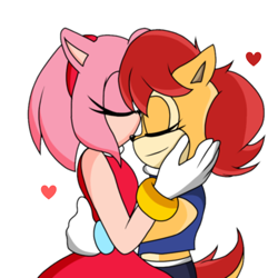 Size: 768x768 | Tagged: safe, artist:faithydash, amy rose, sally acorn, chipmunk, hedgehog, 2020, duo, eyes closed, female, females only, heart, holding each other, kiss on head, lesbian, sallamy, shipping, simple background, smile, standing, white background