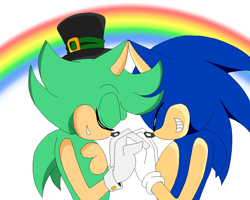 Size: 1000x800 | Tagged: safe, artist:faithydash, irish the hedgehog, sonic the hedgehog, hedgehog, 2020, base used, duo, eyes closed, gay, hat, holding hands, male, males only, rainbow, shipping, smile, sonirish, st.patrick's day, standing