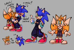Size: 1074x725 | Tagged: safe, artist:eyembby, miles "tails" prower, sonic the hedgehog, fox, hedgehog, clothes, crop top, dialogue, duo, english text, grey background, messy hair, noogie, overalls, pants, simple background, standing, trans female, transgender
