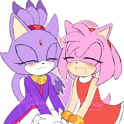 Size: 2048x2048 | Tagged: safe, artist:ranterbo, amy rose, blaze the cat, cat, hedgehog, 2023, amy x blaze, amy's halterneck dress, blaze's tailcoat, blushing, cute, eyes closed, female, females only, lesbian, open mouth, pride, shipping