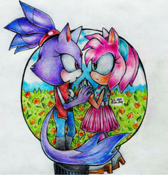 Size: 1024x1062 | Tagged: safe, artist:justriyaray, amy rose, blaze the cat, cat, hedgehog, 2015, amy x blaze, blushing, cute, female, females only, holding hands, lesbian, looking at each other, shipping