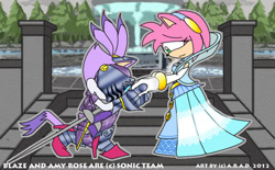 Size: 726x450 | Tagged: safe, artist:a-r-a-d-, amy rose, blaze the cat, nimue, cat, hedgehog, sonic and the black knight, 2012, amy x blaze, cute, female, females only, kneeling, knight armor, lesbian, shipping, sir percival