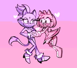 Size: 1583x1405 | Tagged: safe, artist:onlyastraa, amy rose, blaze the cat, cat, hedgehog, 2022, amy x blaze, amy's halterneck dress, blaze's tailcoat, cute, female, females only, hearts, holding hands, lesbian, shipping