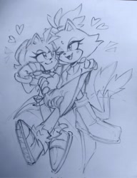 Size: 1573x2048 | Tagged: safe, artist:onlyastraa, amy rose, blaze the cat, cat, hedgehog, 2022, amy x blaze, amy's halterneck dress, blaze's tailcoat, carrying them, cute, female, females only, hearts, lesbian, shipping, sketch, traditional media