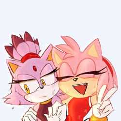 Size: 1440x1440 | Tagged: safe, artist:808giacomo, amy rose, blaze the cat, cat, hedgehog, 2022, amy x blaze, amy's halterneck dress, cute, eyes closed, female, females only, hand on shoulder, lesbian, open mouth, peace sign, shipping