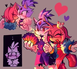 Size: 1594x1435 | Tagged: safe, artist:ourplejelly, amy rose, blaze the cat, cat, hedgehog, the murder of sonic the hedgehog, 2023, amy x blaze, amy's birthday dress, blaze's industrial dress, blushing, cute, eyes closed, female, females only, hearts, kiss on cheek, lesbian, shipping