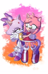 Size: 1349x2048 | Tagged: safe, artist:ryan rudnick, artist:ryan_rudnick, amy rose, blaze the cat, cat, hedgehog, 2022, amy x blaze, amy's halterneck dress, blaze's tailcoat, cute, female, females only, holding hands, lesbian, looking at each other, shipping