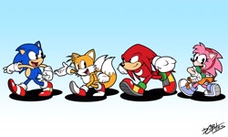 Size: 2048x1229 | Tagged: safe, artist:dannycortoons, amy rose, knuckles the echidna, miles "tails" prower, sonic the hedgehog, sonic superstars, cuphead, style emulation