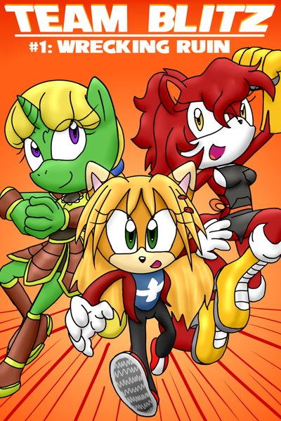 Size: 1200x1800 | Tagged: safe, artist:terrichance, oc, oc:risky the squirrel, oc:streak the bobcat, oc:sunny the unicorn, action, cover art, eye clipping through hair, featured image, gradient background, mobianified, mouth open, oc only, open smile, pose, smile, text, treads, trio