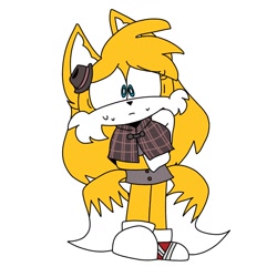 Size: 1280x1280 | Tagged: safe, artist:rosecandyart, miles "tails" prower, fox, the murder of sonic the hedgehog, 2023, female, flat colors, frown, looking offscreen, simple background, solo, standing, sweatdrop, trans female, transgender, white background