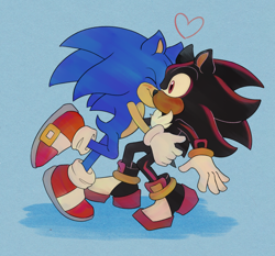 Size: 1200x1116 | Tagged: safe, artist:dragon-cookies, shadow the hedgehog, sonic the hedgehog, hedgehog, 2021, blue background, blushing, duo, eyes closed, gay, heart, holding them, male, males only, shadow x sonic, shipping, simple background, smile, sonabetes, surprised