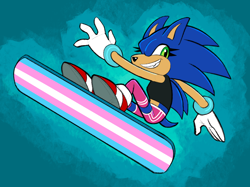 Size: 1280x959 | Tagged: safe, artist:dragon-cookies, sonic the hedgehog, hedgehog, sonic adventure 2, 2021, abstract background, crop top, eyelashes, female, looking at viewer, riding, shorts, smile, solo, trans female, trans pride, transgender