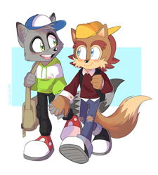 Size: 1024x1136 | Tagged: safe, artist:salsacoyote, prince elias acorn, oc, oc:fish the raccoon, fox, raccoon, 2020, abstract background, backpack, backwards cap, bag, blue eyes, blushing, canon x oc, cap, duo, gay, green eyes, holding hands, hoodie, looking at each other, male, males only, outline, pants, ripped pants, shipping, shoes, side bag, smile, teenager, walking