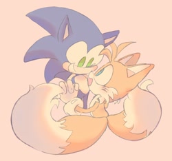 Size: 1976x1849 | Tagged: safe, artist:shinatosark, miles "tails" prower, sonic the hedgehog, fox, hedgehog, 2023, blushing, cute, duo, gay, holding hands, looking at each other, male, males only, pastel style, peach background, shipping, simple background, smile, sonabetes, sonic x tails, tailabetes