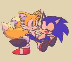 Size: 937x810 | Tagged: safe, artist:shinatosark, miles "tails" prower, sonic the hedgehog, fox, hedgehog, 2023, beige background, blushing, cute, duo, gay, looking at each other, lying back, male, males only, shipping, simple background, sitting, smile, sonabetes, sonic x tails, tailabetes, wink