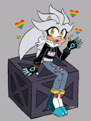 Size: 1531x2048 | Tagged: safe, artist:lulumouse, silver the hedgehog, hedgehog, blushing, fingerless gloves, gay, ripped pants, sitting, solo, trans male, transgender, twink, yellow eyes