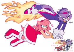 Size: 2048x1438 | Tagged: safe, artist:miinxinq, amy rose, blaze the cat, cat, hedgehog, 2022, amy x blaze, amy's halterneck dress, blaze's tailcoat, blushing, female, females only, flame, flying, hearts, holding hands, lesbian, shipping