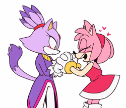 Size: 2048x1763 | Tagged: safe, artist:alyrian, amy rose, blaze the cat, cat, hedgehog, 2020, amy x blaze, amy's halterneck dress, blaze's tailcoat, blushing, cute, eyes closed, female, females only, holding hands, lesbian, open mouth, shipping