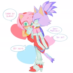 Size: 2028x2048 | Tagged: safe, artist:kmoriorz, amy rose, blaze the cat, cat, hedgehog, 2023, amy's halterneck dress, blaze's tailcoat, blushing, carrying them, cute, english text, female, females only, hearts, lesbian, shipping