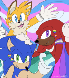 Size: 4000x4500 | Tagged: safe, artist:sonicaspeed123, knuckles the echidna, miles "tails" prower, sonic the hedgehog, 2022, bisexual pride, clenched teeth, female, flag, graysexual pride, holding something, looking at viewer, male, mlm pride, mouth open, pink background, pride, pride flag, simple background, smile, team sonic, top surgery scars, trans female, trans male, trans pride, transgender, trio, waving